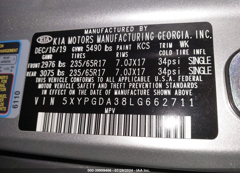 2020 KIA SORENTO 2.4L LX VIN: 5XYPGDA38LG662711