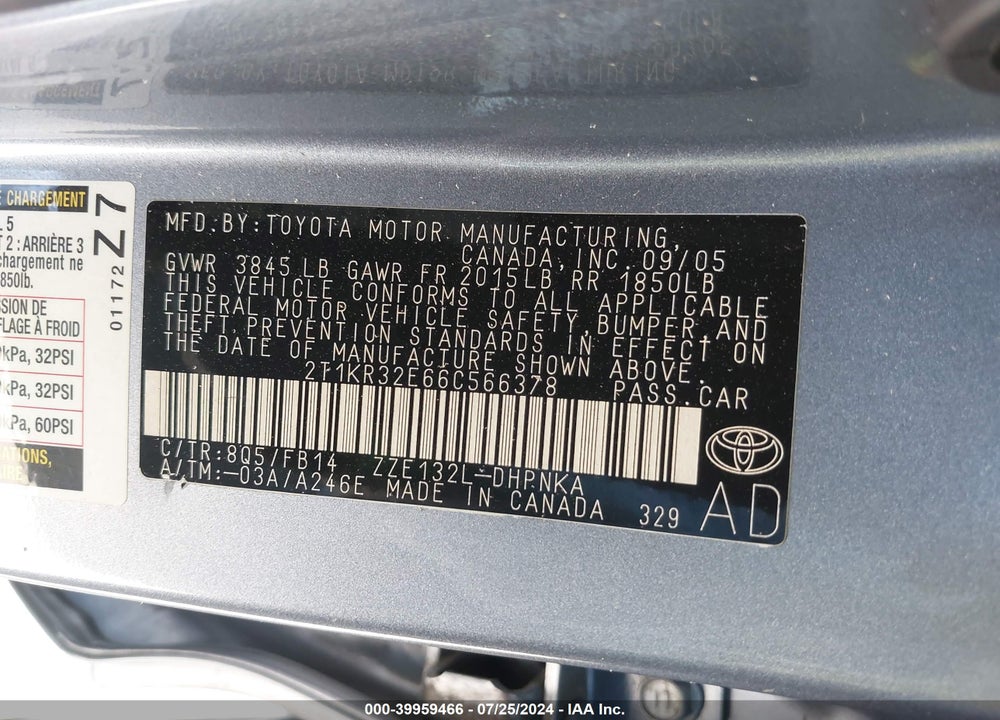 2006 TOYOTA MATRIX/XR VIN: 2T1KR32E66C566378