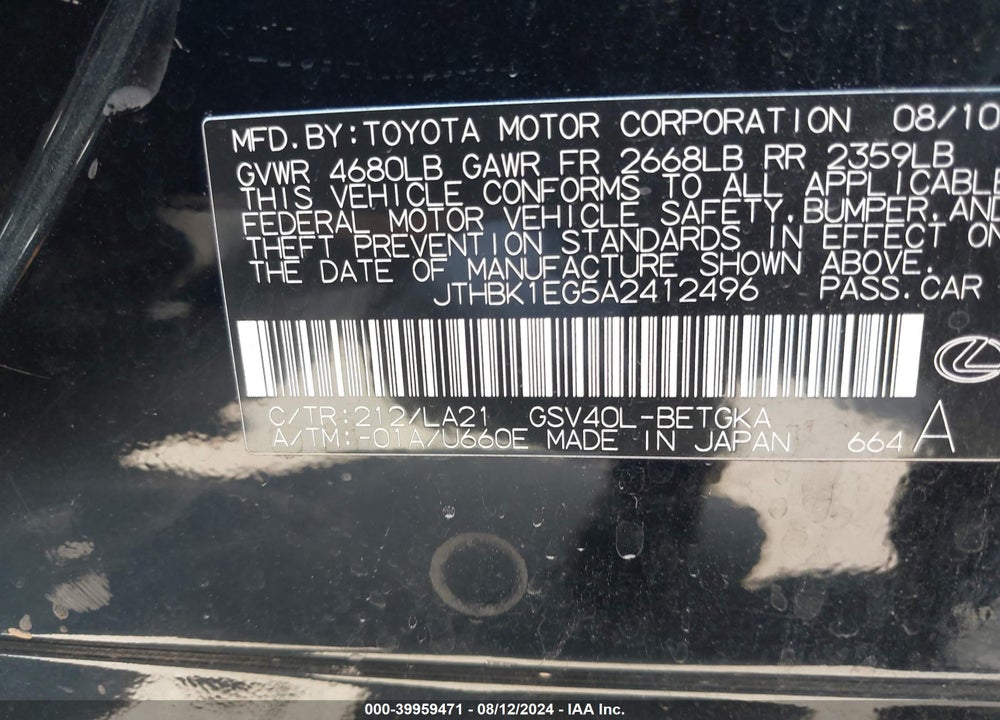 2010 LEXUS ES 350 VIN: JTHBK1EG5A2412496