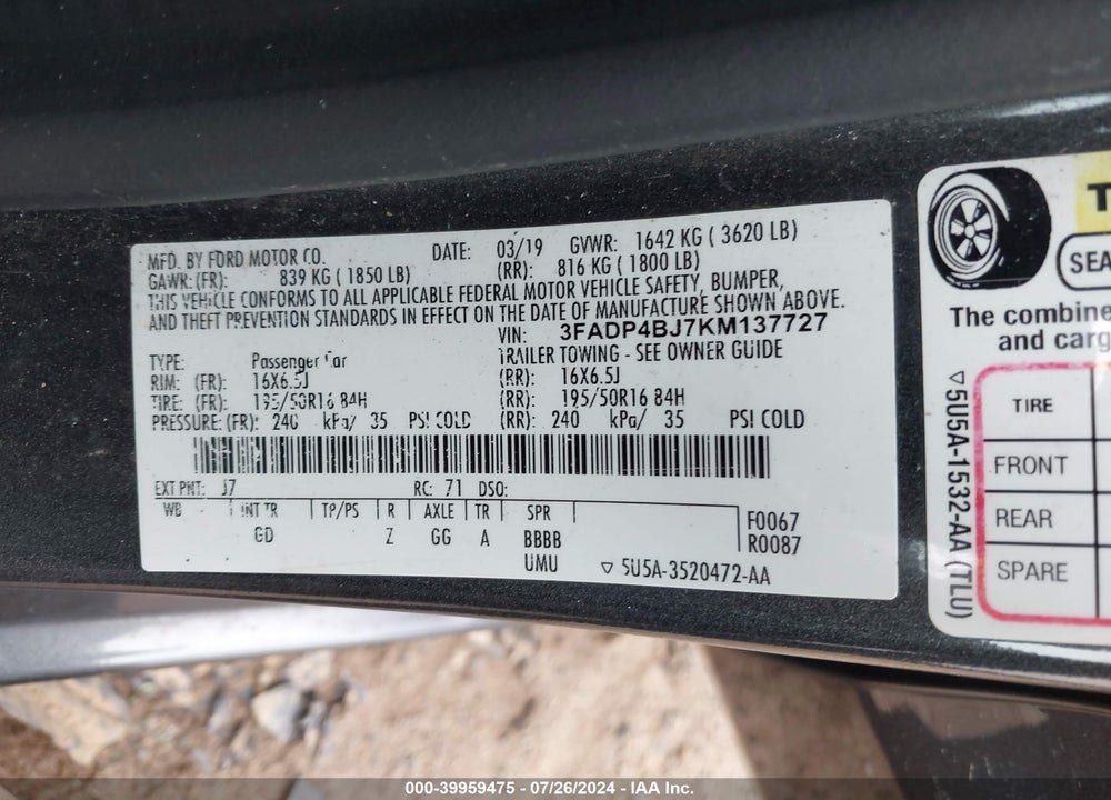 2019 FORD FIESTA SE VIN: 3FADP4BJ7KM137727