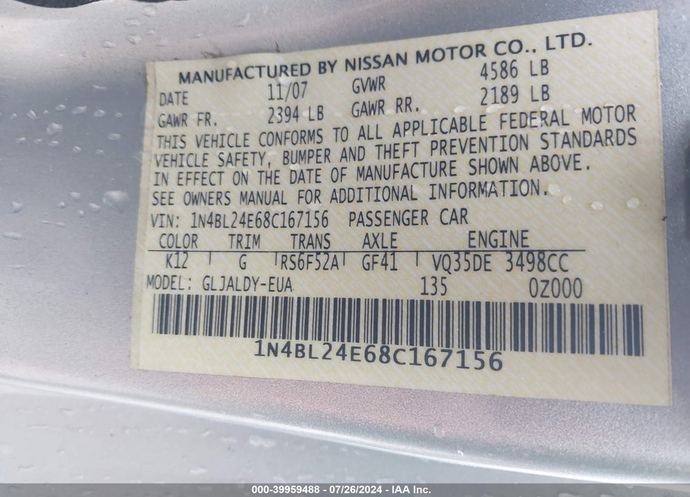 2008 NISSAN ALTIMA 3.5 SE VIN: 1N4BL24E68C167156