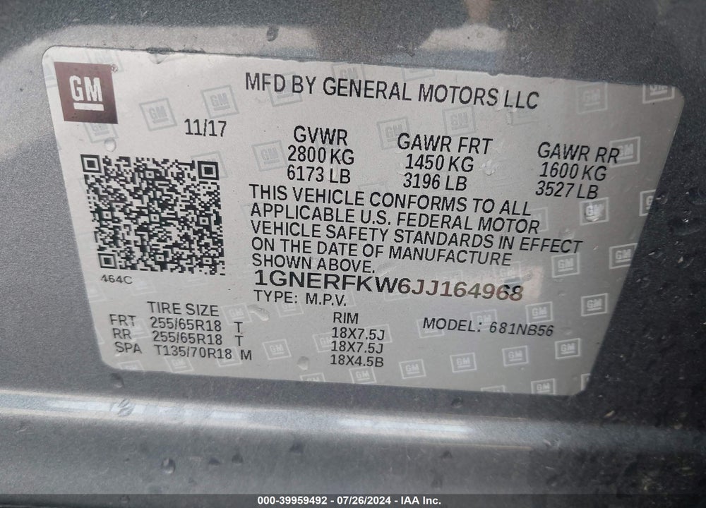 2018 CHEVROLET TRAVERSE VIN: 1GNERFKW6JJ164968