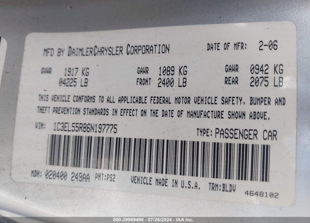 2006 CHRYSLER SEBRING TOURING VIN: 1C3EL55R86N197775