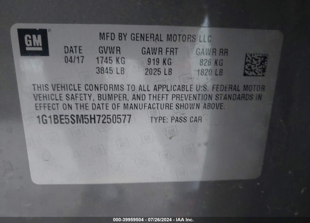 2017 CHEVROLET CRUZE LT AUTO VIN: 1G1BE5SM5H7250577