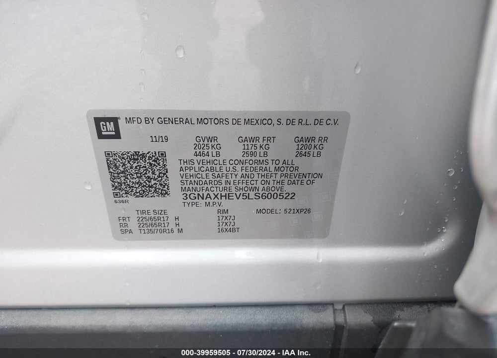 2020 CHEVROLET EQUINOX FWD LS VIN: 3GNAXHEV5LS600522