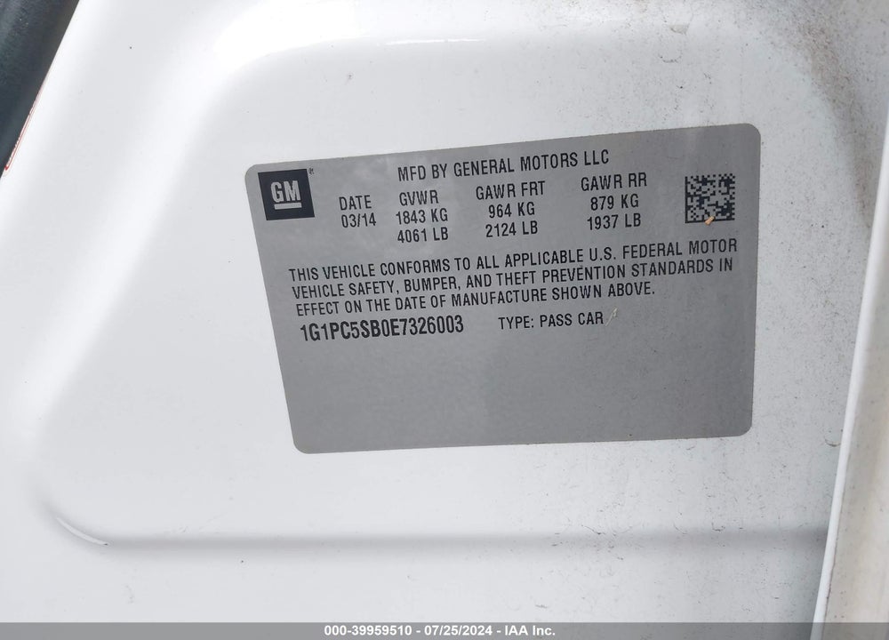 2014 CHEVROLET CRUZE 1LT AUTO VIN: 1G1PC5SB0E7326003