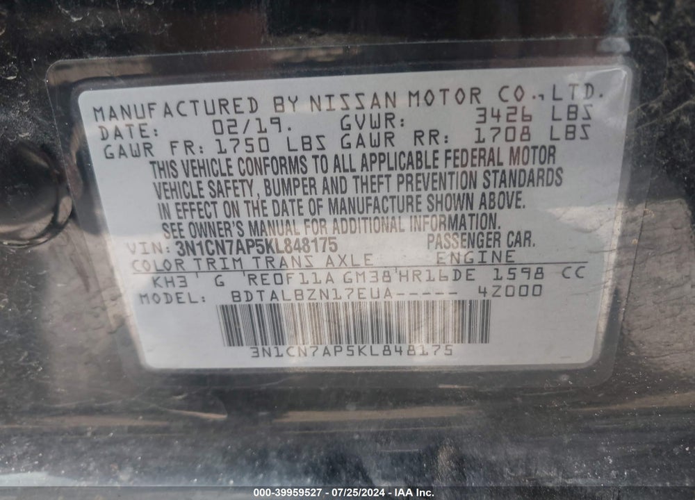 2019 NISSAN VERSA 1.6 SV VIN: 3N1CN7AP5KL848175