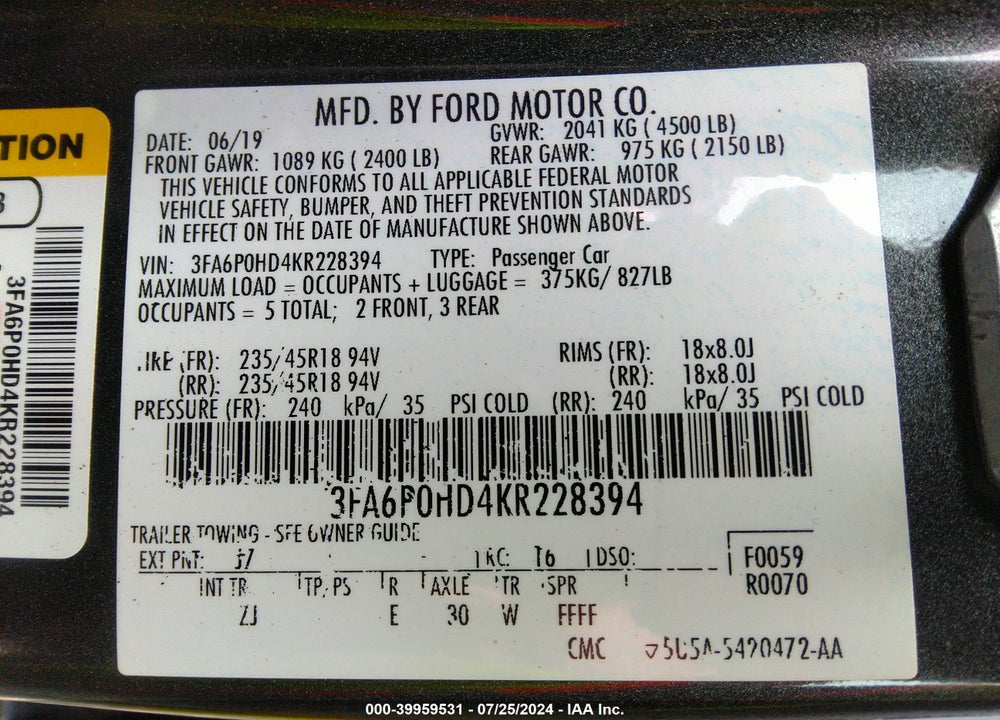 2019 FORD FUSION SE VIN: 3FA6P0HD4KR228394
