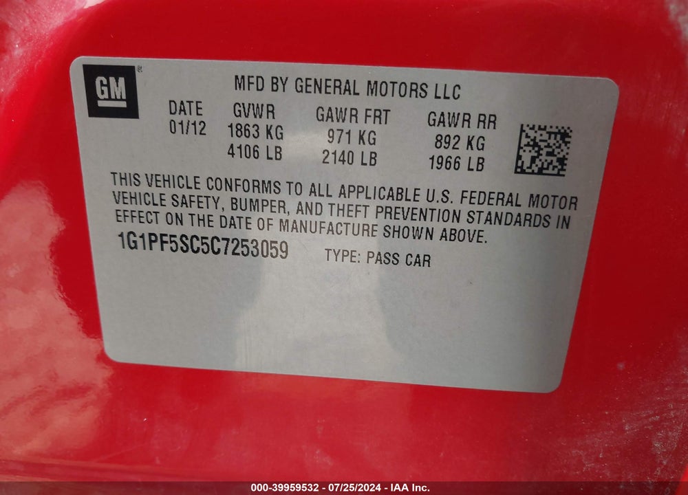 2012 CHEVROLET CRUZE 1LT VIN: 1G1PF5SC5C7253059