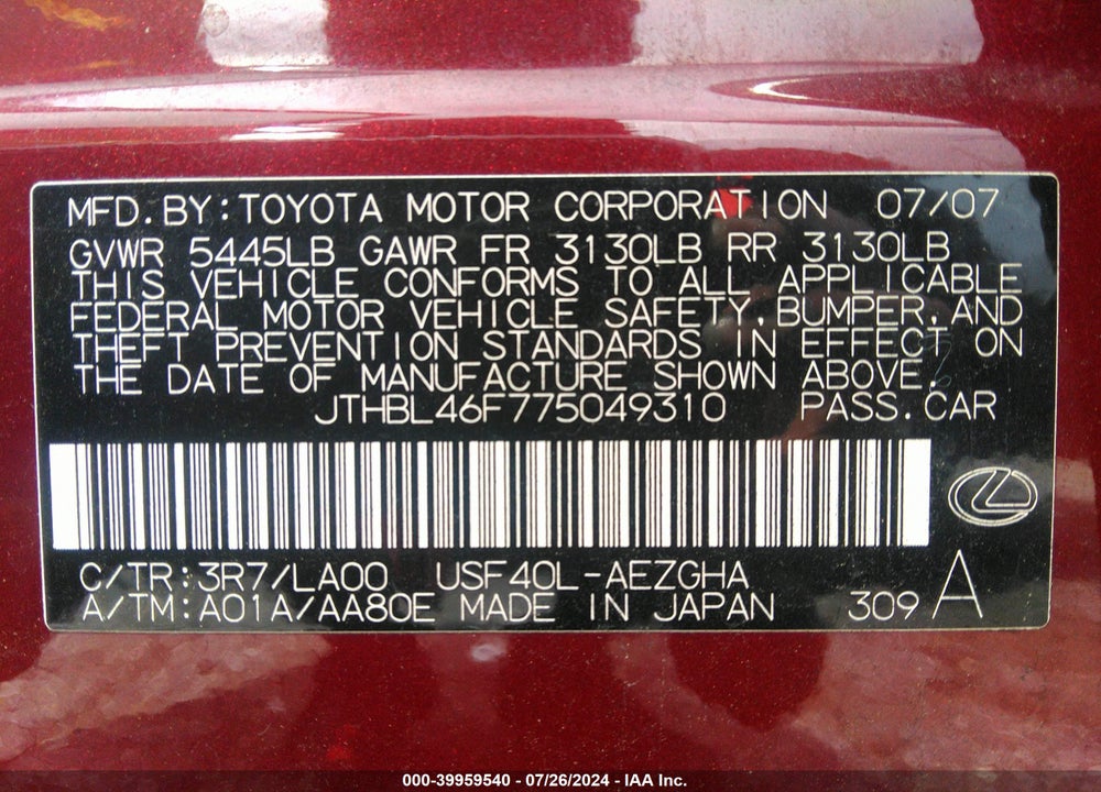 2007 LEXUS LS 460 VIN: JTHBL46F775049310