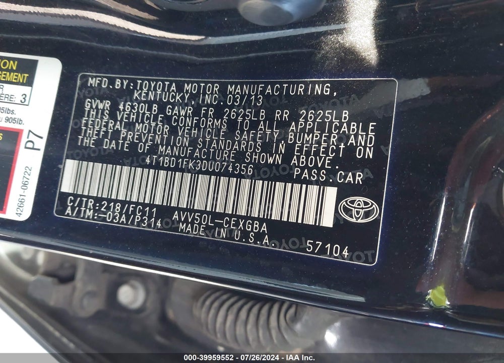 2013 TOYOTA CAMRY HYBRID LE/XLE VIN: 4T1BD1FK3DU074356