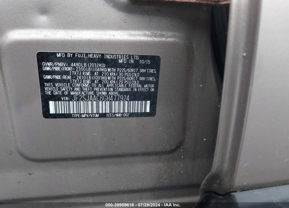 2016 SUBARU FORESTER 2.5I VIN: JF2SJAAC8GH477924