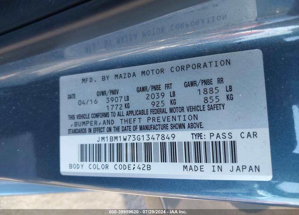 2016 MAZDA 3 I TOURING VIN: JM1BM1W73G1347849