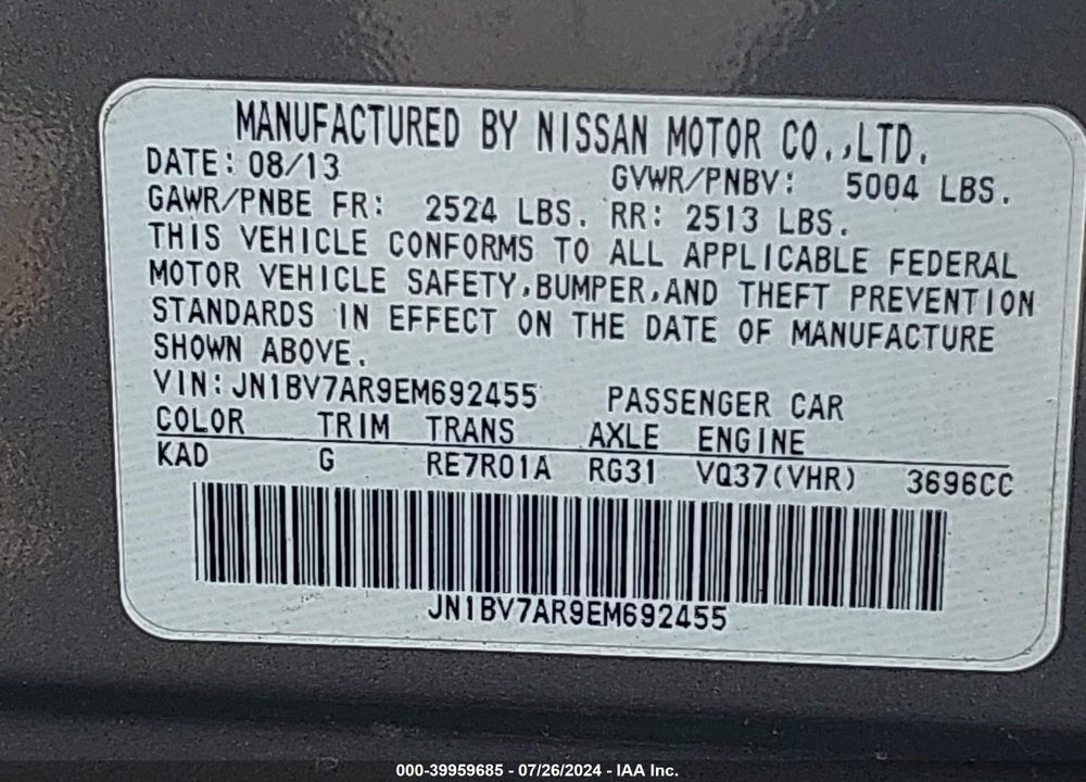 2014 INFINITI Q50 PREMIUM VIN: JN1BV7AR9EM692455