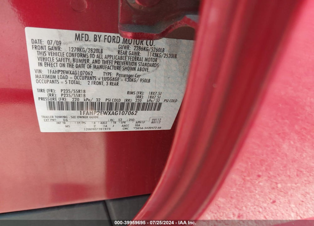 2010 FORD TAURUS SEL VIN: 1FAHP2EWXAG107062