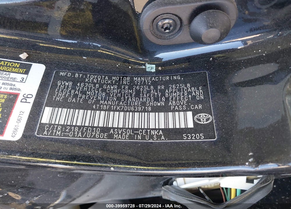2013 TOYOTA CAMRY L/LE/SE/XLE VIN: 4T1BF1FK7DU639718