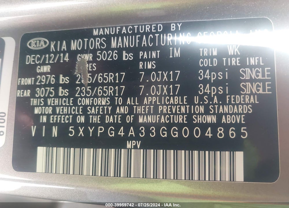 2016 KIA SORENTO 2.4L LX VIN: 5XYPG4A33GG004865