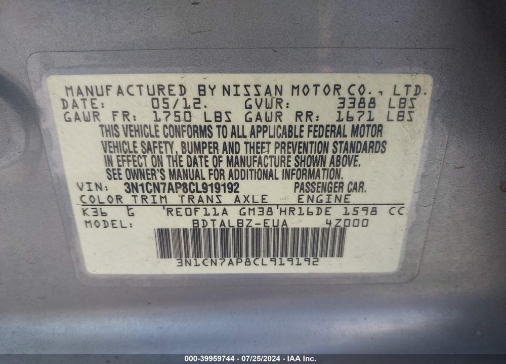 2012 NISSAN VERSA 1.6 SV VIN: 3N1CN7AP8CL919192