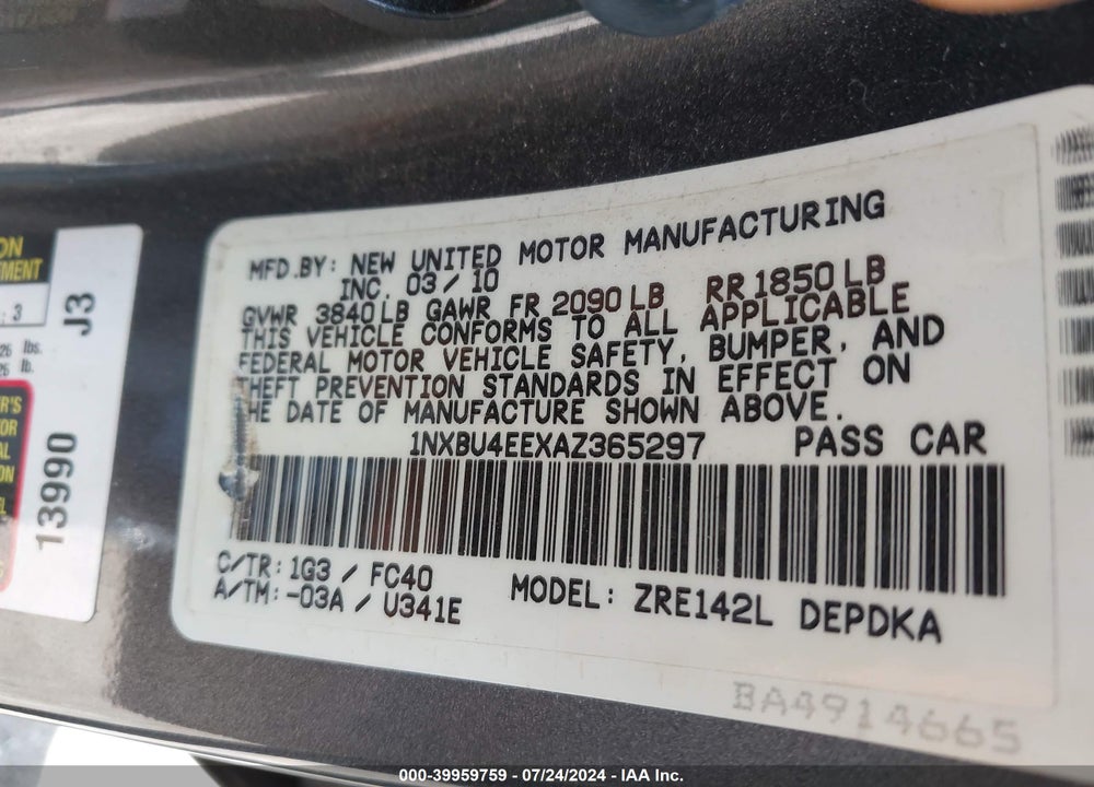 2010 TOYOTA COROLLA LE/S/XLE VIN: 1NXBU4EEXAZ365297