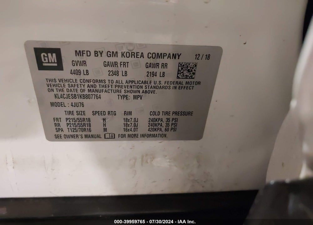 2019 BUICK ENCORE AWD PREFERRED VIN: KL4CJESB1KB807764