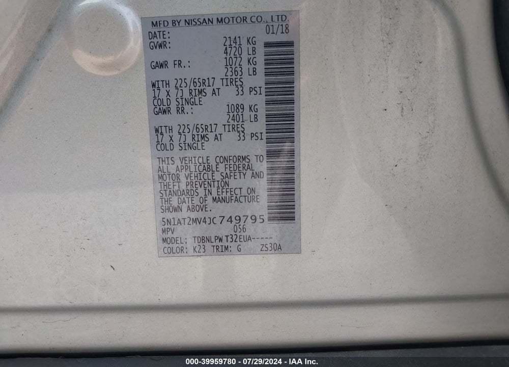 2018 NISSAN ROGUE S VIN: 5N1AT2MV4JC749795