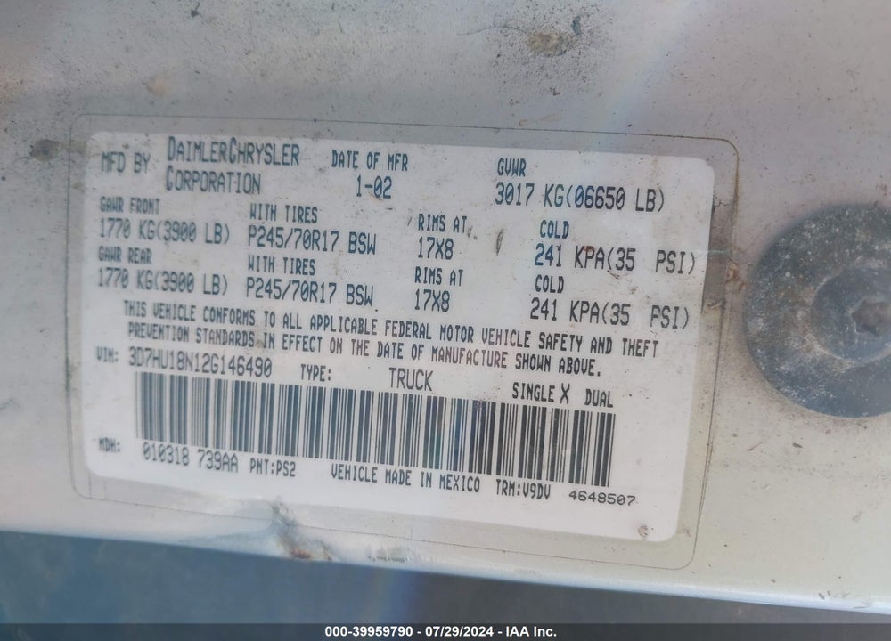 2002 DODGE RAM 1500 ST VIN: 3D7HU18N12G146490