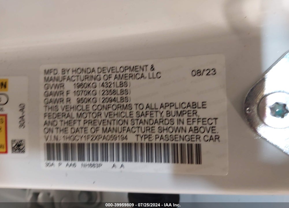 2023 HONDA ACCORD LX VIN: 1HGCY1F2XPA059194