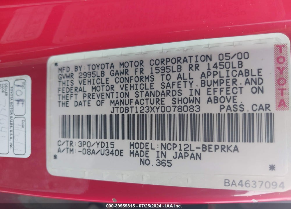 2000 TOYOTA ECHO VIN: JTDBT123XY0078083