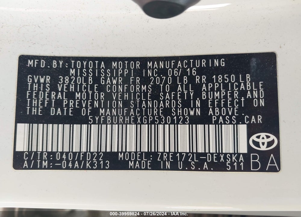 2016 TOYOTA COROLLA L/LE/LE PLUS/LE PREMIUM/S/S PLUS/S PREMIUM/S W/SPECIAL EDITION PKG VIN: 5YFBURHEXGP530123