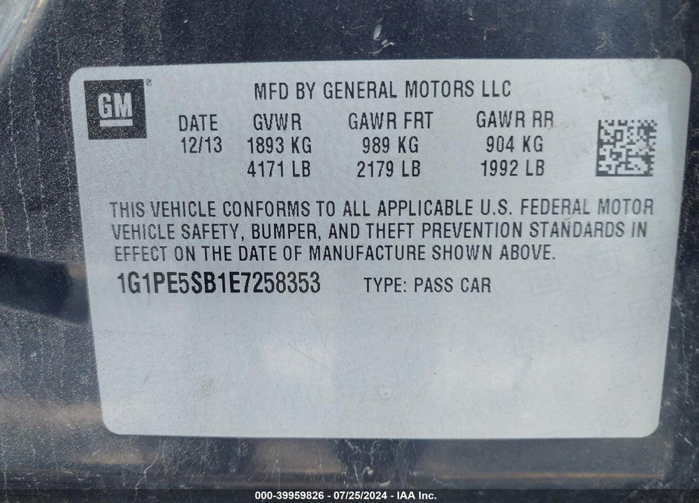 2014 CHEVROLET CRUZE 2LT AUTO VIN: 1G1PE5SB1E7258353