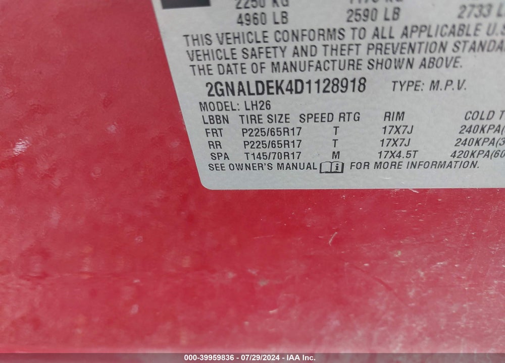 2013 CHEVROLET EQUINOX 1LT VIN: 2GNALDEK4D1128918