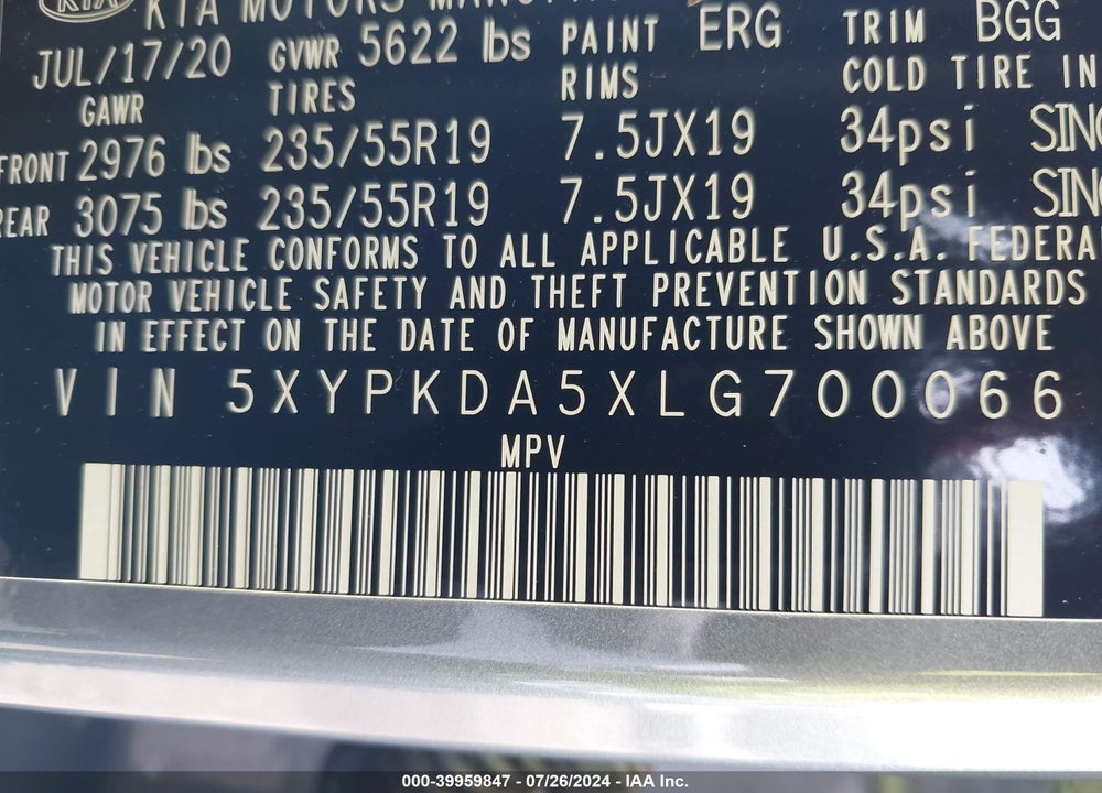 2020 KIA SORENTO 3.3L SX VIN: 5XYPKDA5XLG700066