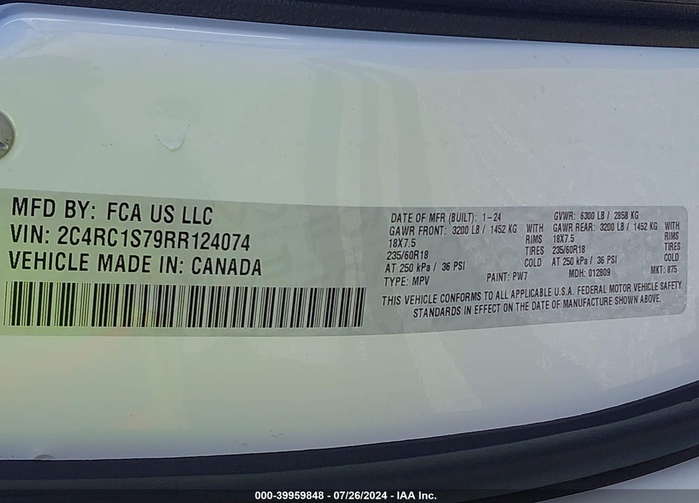 2024 CHRYSLER PACIFICA HYBRID SELECT VIN: 2C4RC1S79RR124074
