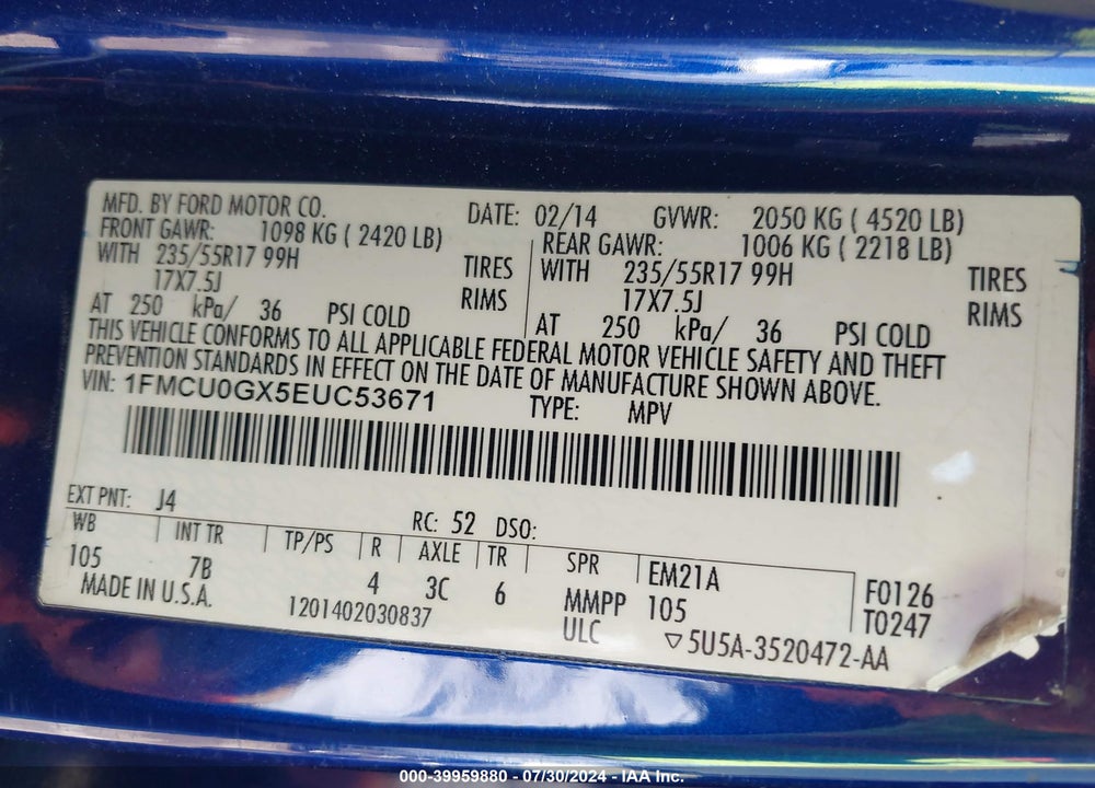 2014 FORD ESCAPE SE VIN: 1FMCU0GX5EUC53671