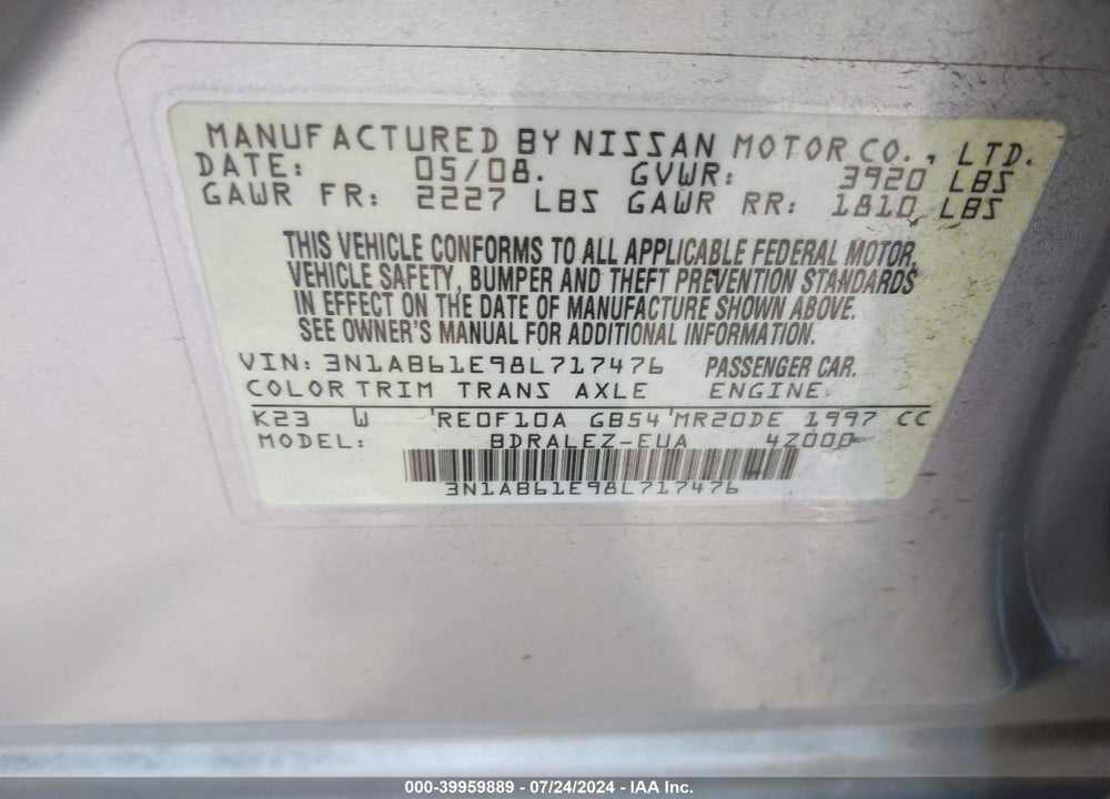 2008 NISSAN SENTRA 2.0S VIN: 3N1AB61E98L717476