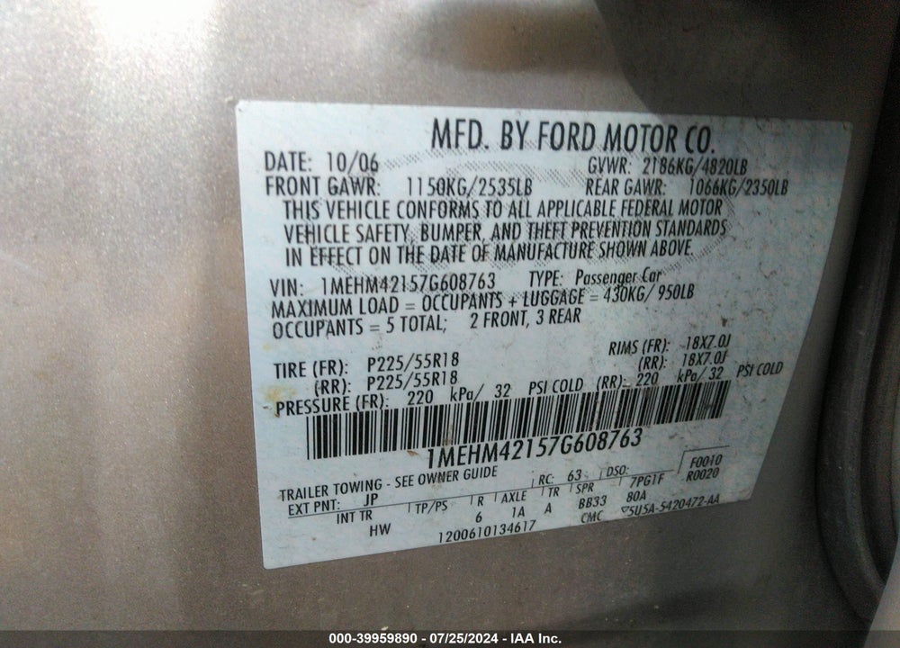 2007 MERCURY MONTEGO VIN: 1MEHM42157G608763