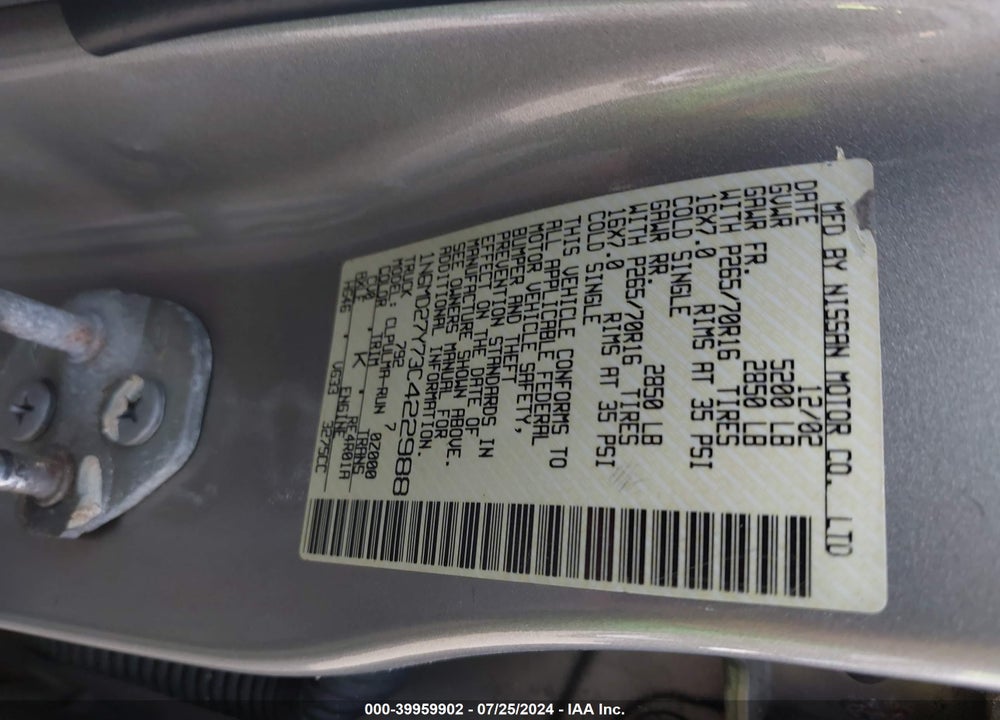 2003 NISSAN FRONTIER SVE-V6 VIN: 1N6MD27Y73C422988