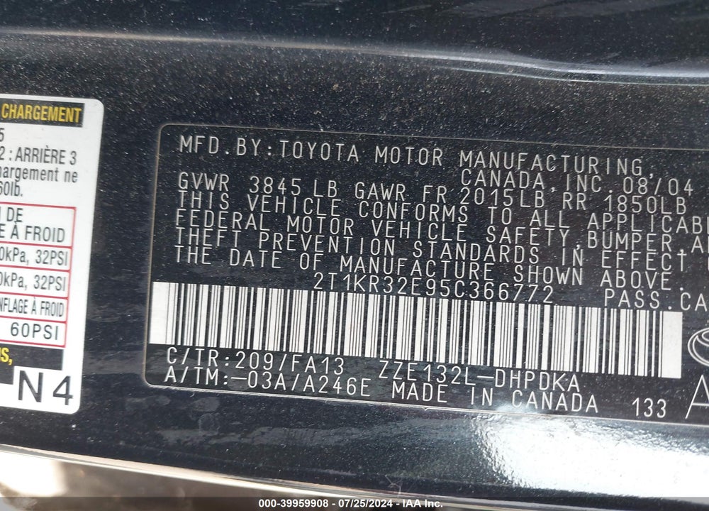 2005 TOYOTA MATRIX/XR VIN: 2T1KR32E95C366772