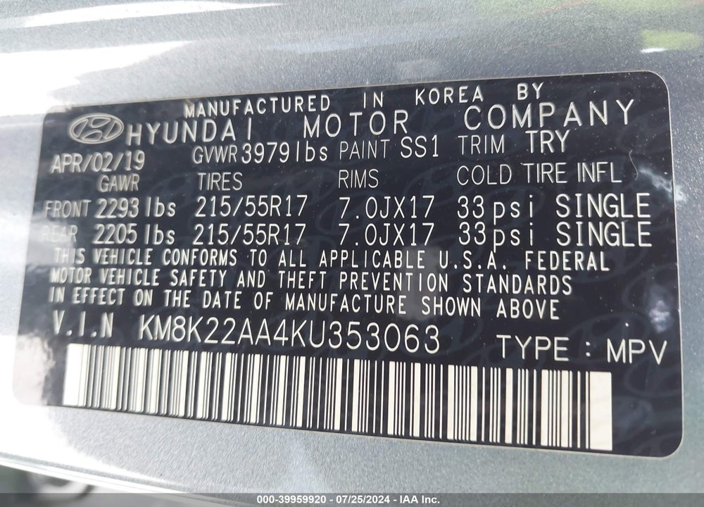 2019 HYUNDAI KONA VIN: KM8K22AA4KU353063