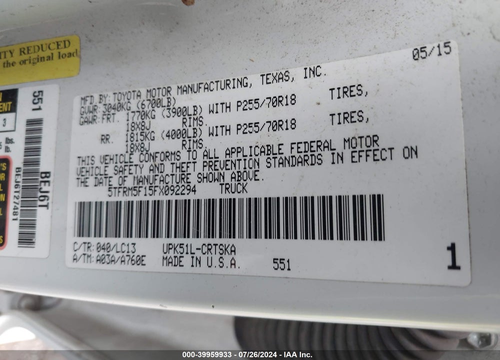 2015 TOYOTA TUNDRA SR 4.6L V8 VIN: 5TFRM5F15FX092294