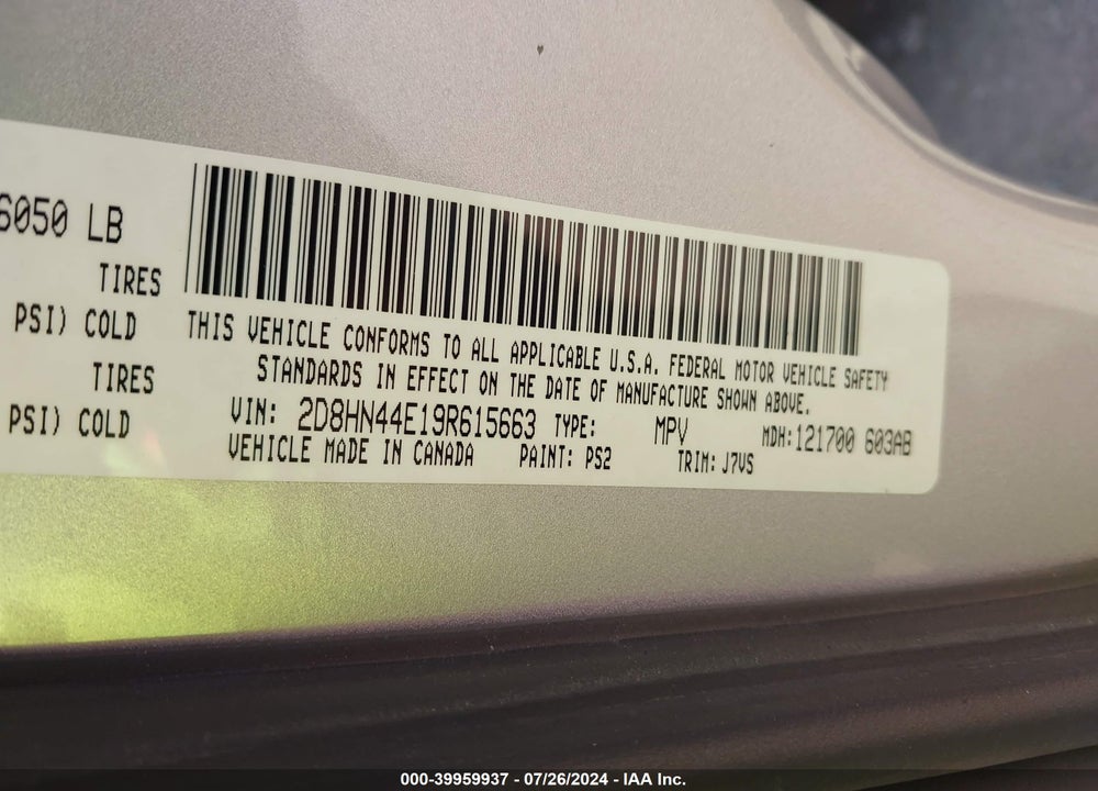 2009 DODGE GRAND CARAVAN SE VIN: 2D8HN44E19R615663