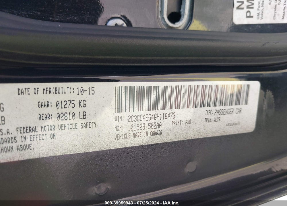 2016 CHRYSLER 300C VIN: 2C3CCAEG4GH116473