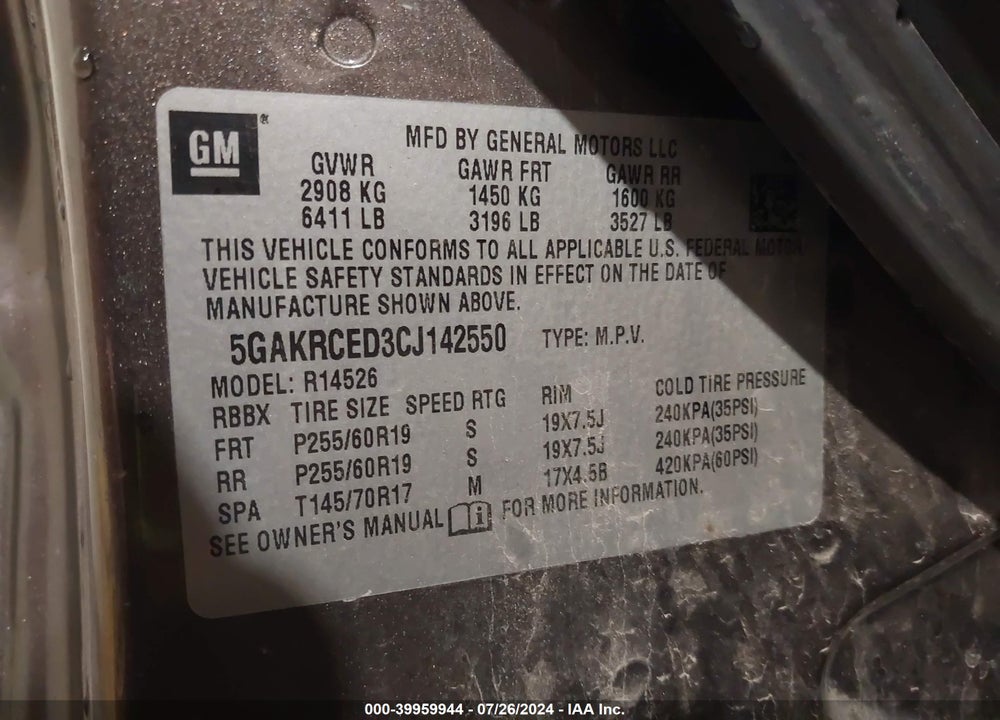 2012 BUICK ENCLAVE LEATHER VIN: 5GAKRCED3CJ142550