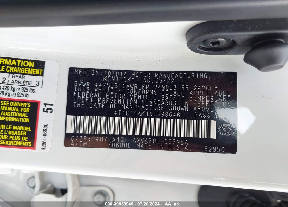 2022 TOYOTA CAMRY LE VIN: 4T1C11AK1NU698646