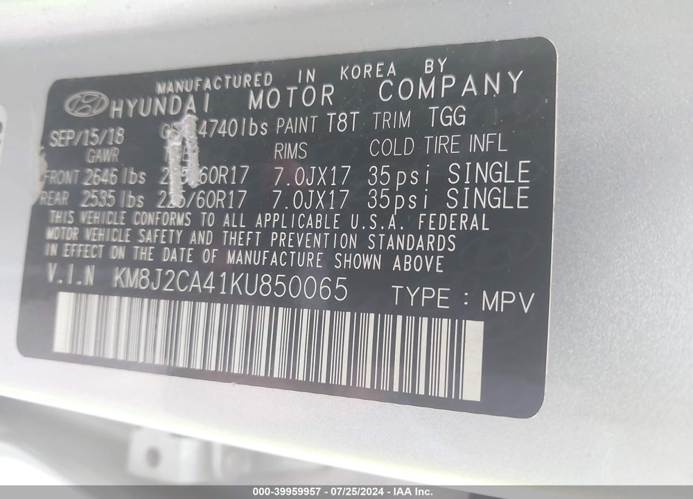 2019 HYUNDAI TUCSON SE VIN: KM8J2CA41KU850065