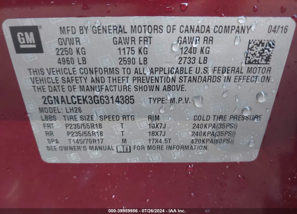 2016 CHEVROLET EQUINOX LT VIN: 2GNALCEK3G6314385
