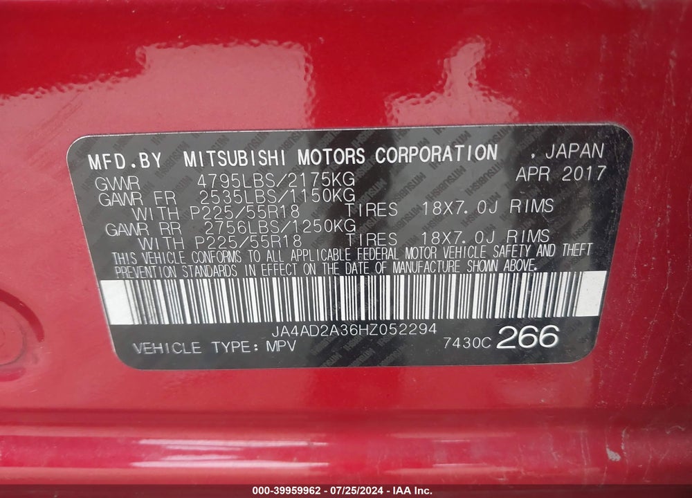 2017 MITSUBISHI OUTLANDER VIN: JA4AD2A36HZ052294