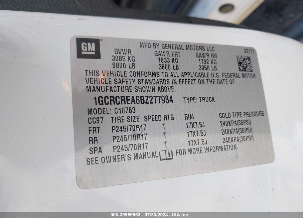 2011 CHEVROLET SILVERADO 1500 LS VIN: 1GCRCREA6BZ277934