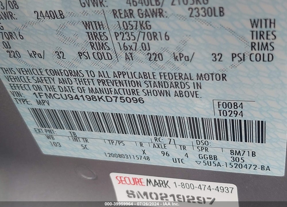 2008 FORD ESCAPE LIMITED VIN: 1FMCU94198KD75096
