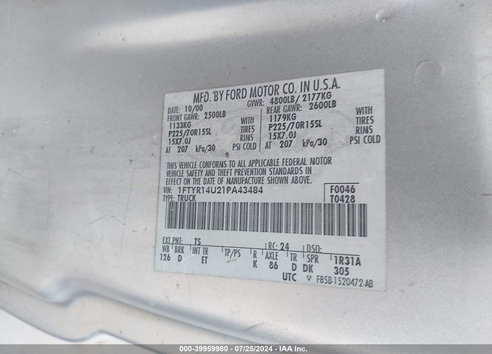 2001 FORD RANGER EDGE/XL/XLT VIN: 1FTYR14U21PA43484